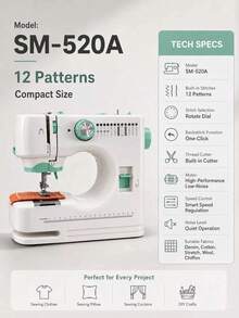 520A Portable Electric Sewing Machine, Household Multi‑Function Sewing Tool With Double‑Needle Double‑Thread, Automatic Threading,12 Sewing Modes, Adjustable Speed & Built‑In Light, Ideal For Family, Beginners & Handmade Lovers - Mint Green - View 5