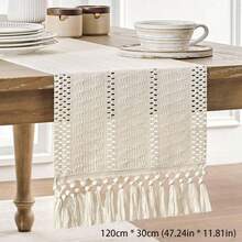 Khăn trải bàn phong cách Bohemian đan rỗng có tua rua, màu kem be macrame, trang trí mộc mạc kiểu nông trang cho bàn ăn - Màu trắng - Xem 12