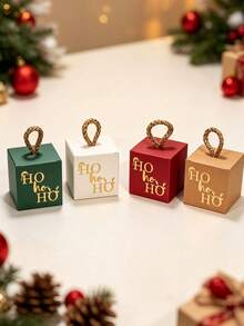 3pcs/Set Christmas Square Gift Box With Rope Loop Handle, Red And White Paper Gift Box, Mini Holiday Gift Wrapping, Suitable For Cookies, Candy, Small Gifts, Christmas Tree Decorations, And Party Gifts, Easy To Assemble. - A - View 5