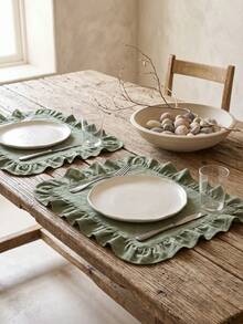 1/2/4/6pcs Solid Color Ruffled Edge Rectangular Placemats, Nordic Minimalist Style Kitchen Decor Table Mats, Suitable For Holiday Gatherings, Birthday Parties, Weddings, Dinner Parties, Table Decoration, Office Desk, Coffee Table Mat, Home Decor, Room Decor, Dorm Decor, All Season Use, Photography Background - Olive Green - View 3
