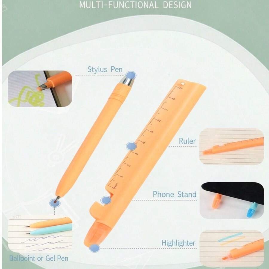 Colorful 5-In-1 Multifunctional Ballpoint Pen Set, Includes Ruler/Trackball Pen/Ballpoint Pen/Highlighter/Phone Stand, Suitable For Students' Daily And Office Use, Exquisite Multifunctional Stationery Gift Set - A - View 1