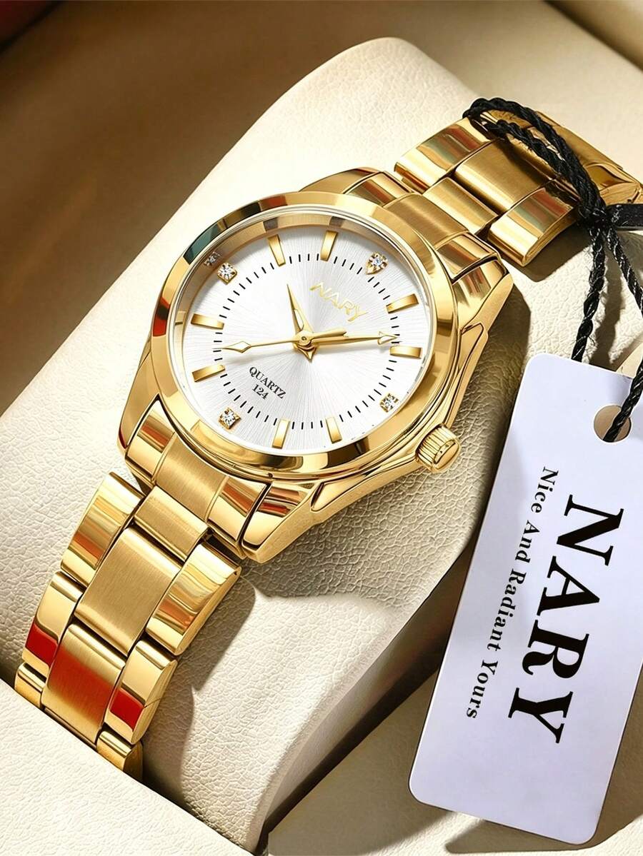 NARY 1件女款金色手錶，休閒優雅石英錶，鑲鑽裝飾圓形時尚錶盤，防水不鏽鋼錶帶，附調整工具，適合日常配戴、派對、聚會及其他場合