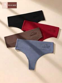 4pcs Plus Size Solid Color High Waist Cotton Women's Thong Panties, Casual And Comfortable - Multicolor - View 1