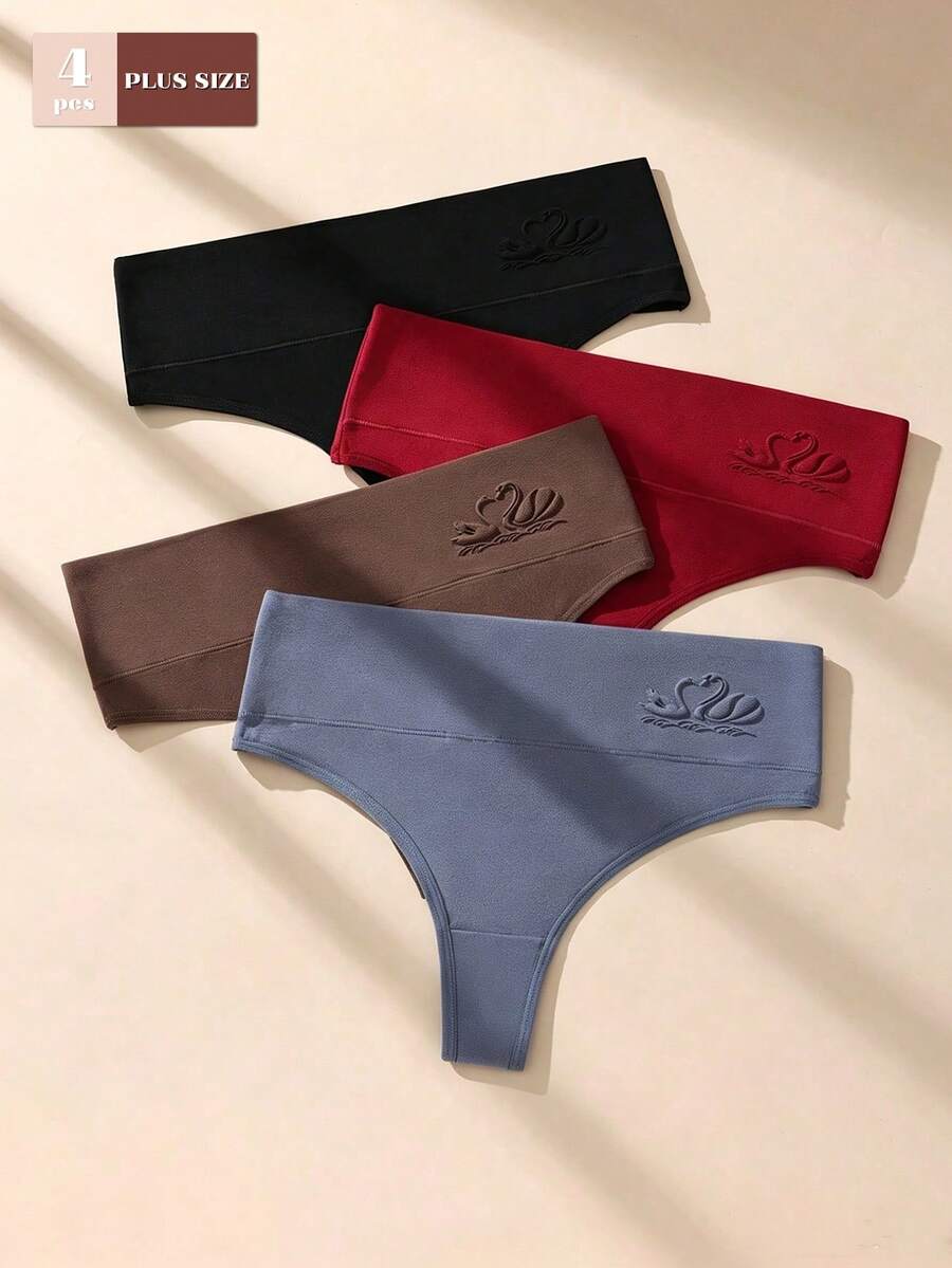 4pcs Plus Size Solid Color High Waist Cotton Women's Thong Panties, Casual And Comfortable - Multicolor - View 1