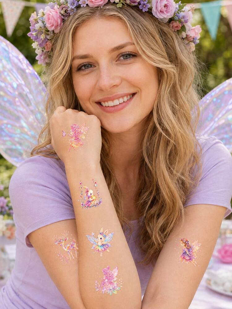 108pcs Pre-Cut Glitter Fairy Temporary Tattoo Stickers, Makeup Party Accessories, Glitter Dreamy Butterfly Moon Fairy Forest Theme, Holiday Essential, Suitable For Halloween And Christmas - Pink - View 3