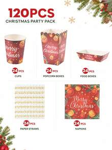 10/24pcs Red Christmas Ball, Pine Branch And Bow Print Paper Tableware Set, Includes Paper Cups, Popcorn Food Boxes, Napkins And Straws, Disposable Paper Tableware Suitable For New Year Celebrations, Family Gatherings, Dessert Events And Seasonal Parties - Multicolor - View 18