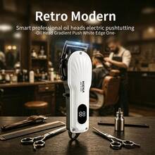 HIENA Professional Hair Clipper, USB Rechargeable Cordless Hair Trimmer With LCD Power Display, Stainless Steel R‑Shape Blade, Adjustable Cutter Head, Guide Combs Kit For Home Barber Salon Hair Cutting - White - View 2