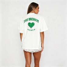 Unisex Oversized Short Sleeve Crew Neck Cotton T-Shirt, White Green Heart "You Breakout You Buy It" Print, Summer Casual Streetwear - White - View 4