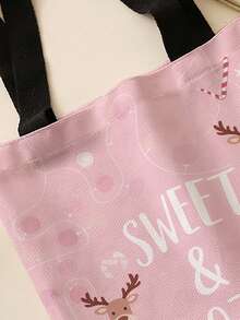 1pc Random Christmas Print Canvas Tote Bag, Large Capacity Hand‑Held Shoulder Bag,Reusable Shopping Bag For Music Festival Party Daily Packing Books - Pink - View 5