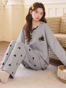 2pcs Women's Pajama Lounge Set, Pullover Round Neck Cute Cat Print Minimalist Long Sleeve Cropped Pants, Comfortable For Home Wear - Grey - View 7