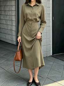 Gaun Wanita Lengan Panjang Pas Badan dengan Kerah Kemeja Berkerut Minimalis Warna Polos, Siluet Kepompong, Model Kancing Depan, Warna Solid, Gaya Musim Semi/Gugur - Olive Green - View 3