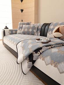 1 Buah Bantal Sofa Motif Rantai Kotak-kotak Vintage, Bahan Chenille, Bantalan Duduk Anti Selip Empat Musim, Tahan Hewan Peliharaan & Dapat Dicuci dengan Mesin - Grey - View 3
