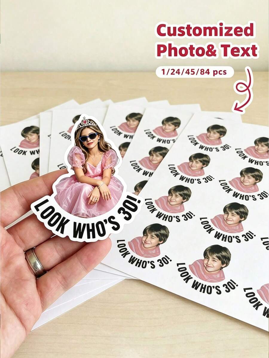 1/6/12/24pcs Customizable Photo & Text Waterproof Stickers, Multiple Sizes, Graduation Party, Bachelor Party, Wedding Party, Back To School, Christmas, Halloween, Anniversary, Birthday, Party Favors - Multicolor - View 1