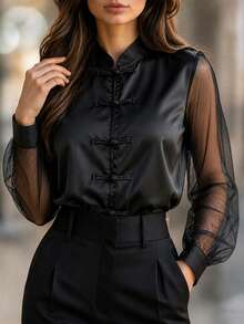 New Chinese Style Stand Collar Frog Button Black Satin Blouse For Women, Sheer Chiffon Patchwork Long Sleeve Shirt - Black - View 3