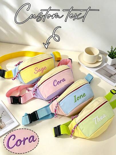 Custom Embroidered Name Fanny Pack,Color Block Waist Bag,Personalized Text Crossbody Hip Bag,Adjustable Strap,Birthday Bridesmaid Gift For Women Girls