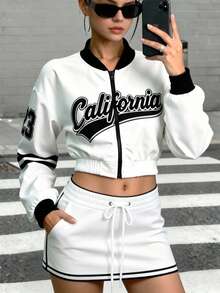 Women's Black & White Printed Sports Baseball Jacket, Short Waist Design Suitable For Sports And Daily Outings - Black and White - View 2