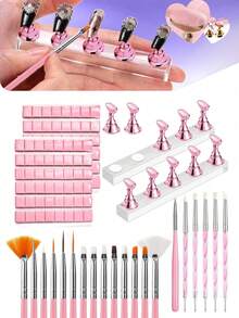 80pcs Pink Series Manicure Tool Kit, 48-Slot Reusable Nail Art Clay, 10 Nail Art Stands + 2 Clear Ba - Pink - View 1