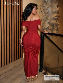 NEW IDEA Women Sexy Elegant Red Fall Maxi Dress, Open Shoulder High Slit Bodycon Party Gown For Night Out, Cocktail, Dating, Dinner & Wedding Guest - Red - View 2