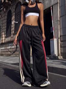 Knot & Curve Women's Long Pants Spring/Autumn Drawstring Elastic Waist Colorblock Striped Patchwork Wide Leg Draped Athletic Sweatpants Versatile Casual Pants - Black - View 4