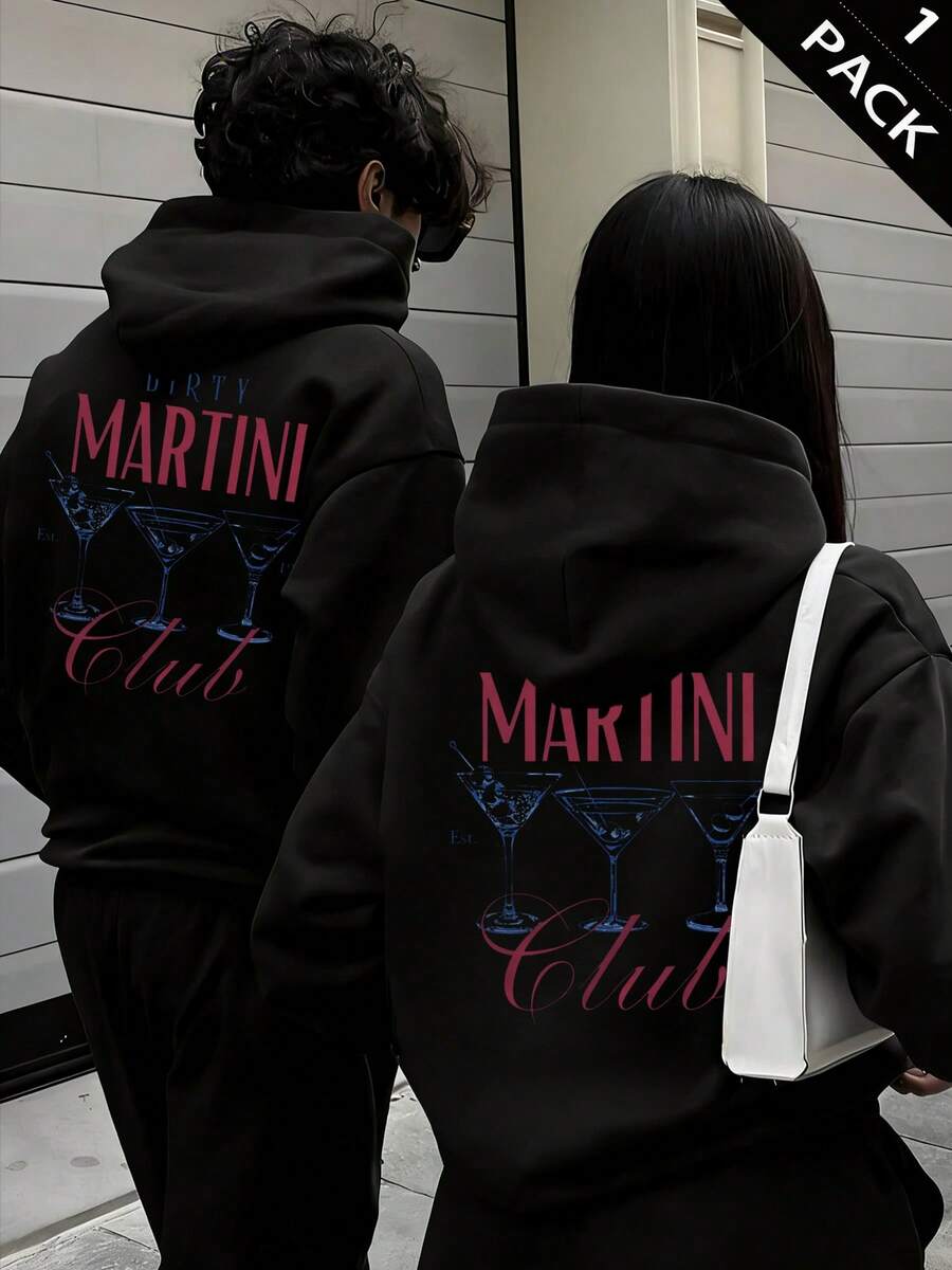 Warm Lined Casual Hooded Sweatshirt With Drawstring And Drop Shoulder Long Sleeves - Black - View 1