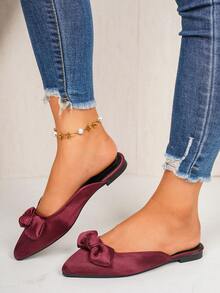 Spring Summer Autumn New Burgundy Satin Bow Mule Slippers Pointed Toe Closed Toe Flat Half-Slippers Commute Date Gentle Wear Office Party Banquet Women's Shoes - Burgundy - View 1