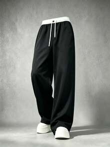 1Pc Versatile Drapey Men's Wide Leg Pants, Contrast Waistband Drawstring Design Black Knit Loose Daily Casual Sweatpants - Black - View 5