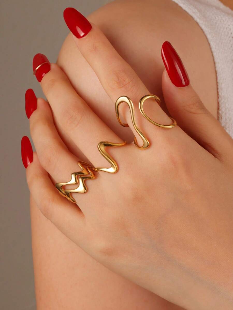 3pcs Personalized Ins Style Asymmetrical Line Stainless Steel Rings, Open Adjustable Hollow Finger Rings, Suitable For Women's Daily Wear - Multicolor - View 1