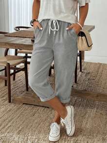 Jisfaneya Women's Plus Size Casual Solid Color Capri Length Pants, Elastic Waistband With Drawstring And Pocket Design - Grey - View 1