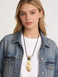 1pc Bohemian Vacation Style Asymmetrical Alloy Rhinestone Pendant Woven Wax Rope With Round Beads Necklace, Long Necklace For Festival Gift Atmosphere, Halloween Party Gathering Daily Accessory, Gift For Classmate, Female, Elder - Wax Rope - View 8