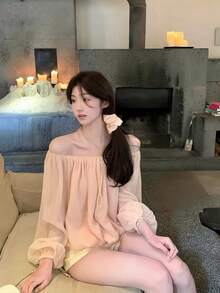 Korean Style Sweet Off-Shoulder Chiffon Blouse, Long Sleeve Women's Top For Early Autumn Pink - Pink - View 4