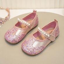 1 Pair Toddler Girls Pearl Decor Glitter Fabric Non‑Slip Round Toe Mary Jane Flat Princess Shoes For Party Daily Wear - Hot Pink - View 21