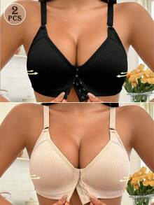 2pcs Multi-Color Front Closure Women's Bra With Adjustable Straps, Full Coverage Wireless Bra, Ribbed Design With Padding, Designed For C-E Cup - Multicolor - View 1