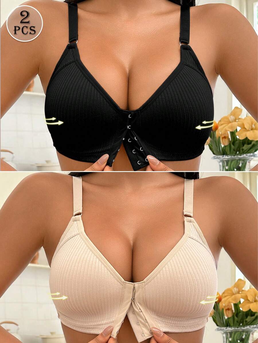 2pcs Multi-Color Front Closure Women's Bra With Adjustable Straps, Full Coverage Wireless Bra, Ribbed Design With Padding, Designed For C-E Cup - Multicolor - View 1