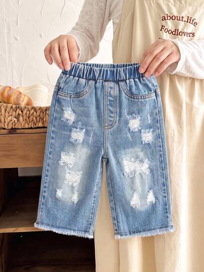 American Street Style Distressed Straight Leg Vintage Washed Denim Jeans With Multiple Ripped & Patchwork Design, Frayed Hem, Suitable For 6M-3Y Baby Daily Wear, Home, School, Travel, Vacation, Halloween, Halloween Costume, Halloween Denim