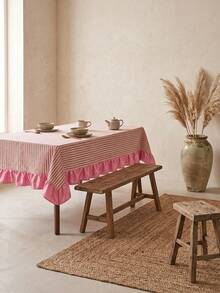 1pc White Base Red Striped Pink Ruffle Edge Tablecloth, Fresh Natural Style Fabric Rectangular Pink Ruffle Edge Patchwork Detail Decorative Functional Dining Tablecloth Suitable For Daily Home Dining And Fresh Home Decor Scenes - Red - View 8
