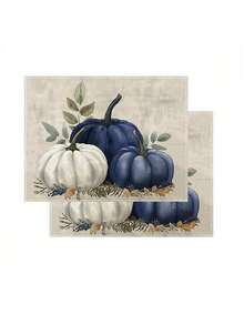 1pc/2pcs/4pcs Watercolor Hand-Painted Pumpkin Print Autumn Decorative Placemats, Simple Farmhouse Style Polyester Hard Fabric Table Mats, Machine Washable, Home Decor, Suitable For Family Gatherings, Parties, Holiday Decorations, Dining Table Decor, 32x42cm - Blue and White - View 8