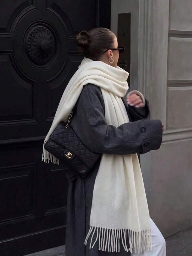 1pc Autumn/Winter Premium Diagonal Stripe Tassel Solid Color Women's Pashmina Scarf, Fashion Casual Windproof Warm Shawl, Comfortable Blanket Scarf, Suitable For Daily Wear - Milky White - View 1