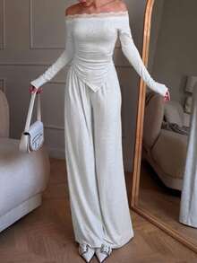Grey Off-The-Shoulder Two Pieces Set, Lace-Edged Fitted Top + Elastic Waist Wide-Leg Pants Set, Suitable For Daily Wear - Light Grey - View 5