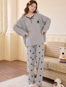 2pcs Women's Pajama Lounge Set, Pullover Round Neck Cute Cat Print Minimalist Long Sleeve Cropped Pants, Comfortable For Home Wear - Grey - View 4