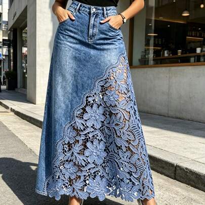 Falda midi femenina artículo estrella, diseño de moda con incrustaciones de encaje