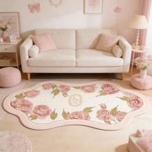 1PC White And Pink Floral Wavy Plaid Soft Cozy Living Room Rug, Bedroom Decor, Home Leisure Carpet, Decorative Rug, Bedroom Decor, Small Rug, Carpet, Home Decor, Living Room Rug, Living Room Small Rug, Bedroom Rug, Living Room Home Decor, Outdoor Rug, Washable Rug - Multicolor - View 4
