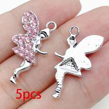 5/20pcs Silvery Plated Pink Rhinestone Charms Ballerina Fairy Butterfly Bear Moon Star Bow Shell Pendant For DIY Necklace Earring Jewelry Making - Pink - View 28