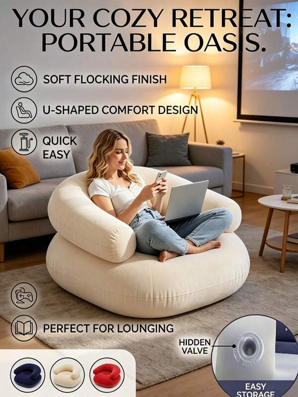 4/1pc U-Shaped Soft Plush Inflatable Slouchy Sofa With Armrests And Backrest, Durable Leak-Proof PVC Portable Foldable Inflatable Couch, Comfortable Leisure Chair For Indoor/Outdoor Home Office, Camping And Daily Use