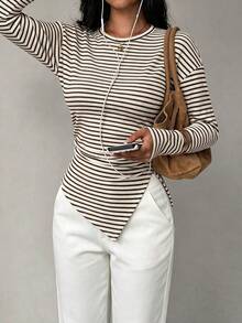 Kaos Lengan Panjang Bergaris-garis dengan Detail Ribbed, Bahu Jatuh, Hem Asimetris, Pinggang Berkerut, Potongan Slim Fit, Cocok untuk Musim Gugur/Dingin, Atasan Kasual untuk Komuter. - MultiWarna - View 1