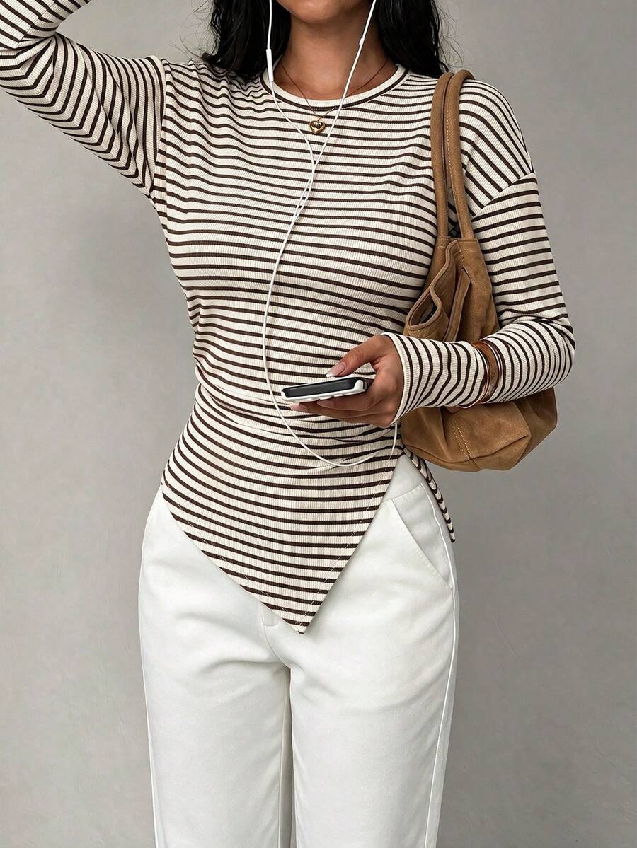 Kaos Lengan Panjang Bergaris-garis dengan Detail Ribbed, Bahu Jatuh, Hem Asimetris, Pinggang Berkerut, Potongan Slim Fit, Cocok untuk Musim Gugur/Dingin, Atasan Kasual untuk Komuter. - MultiWarna - View 1