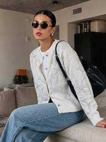 VIBEWAVE White Bow Rhinestone Single-Breasted Loose Long Sleeve Knit Cardigan Women Sweet Cool Luxury Hot Girl Style Spring Autumn Outerwear Top - White - View 5