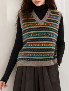Women's Autumn/Winter Casual Minimalist Elegant Gentle Classic Vintage Pattern V-Neck Pullover Vest - Yellow Tones - View 4