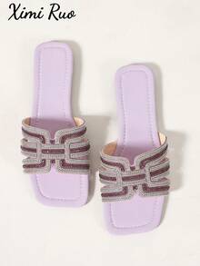 Ximi Ruo Women's Rhinestone, Fashion Casual Strap Outdoor Slippers For Spring/Summer, Comfortable Flat Heel Round Toe Beach Shoes, Holiday Essential, Flat - Purple - View 7