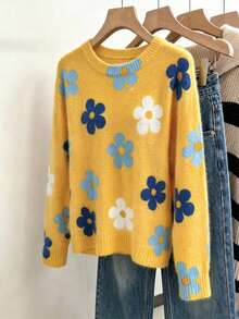 Women's Floral Print Ribbed Knit Pullover Sweater, Long Sleeve, Medium Stretch, Suitable For Autumn/Winter, Casual Fashion Autumn Style - Yellow - View 8