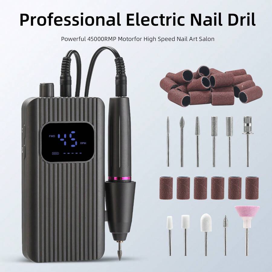 Rechargeable Nail Drill With LCD Display, Portable Electric Nail File Set With Drill Bits And Sanding Bands, Suitable For Gel/Acrylic Nails, Manicure And Pedicure